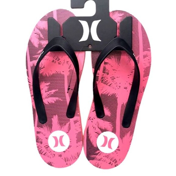 Hurley Flip-Flops  Men's Size 12  NWOT  Palm Tree Print  Sandals  Black / Pink - Picture 1 of 2